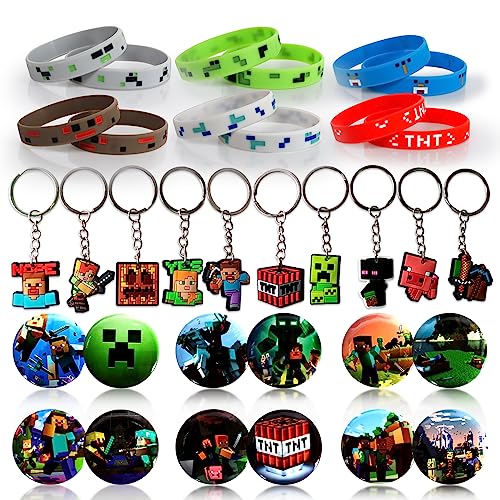 Gamer Mitgebsel Kindergeburtstag, 12Pcs Spiel Silikon Armband + 12Pcs Abzeichen Kinder Geschenke + 10Pcs Kinder Schlüsselanhänger Set, Kindergeburtstag Gastgeschenke Deko, Für Kinderpartys von Clvsyh