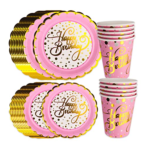 Rosa Gold Geburtstag Pappteller, 30Pcs Happy Birthday Partygeschirr Set, Pappbecher Pappteller Happy Birthday Teller Partyzubehör, für Kindergeburtstag Junge Mädchen Party Papiergeschirr Tischdeko von Clvsyh