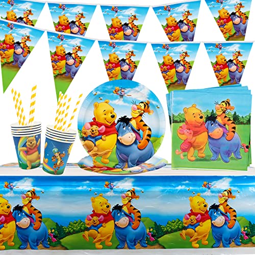 Winnie Pooh Partygeschirr Kindergeburtstag, 52Pcs Geburtstag Party Tableware Supplies, Papier Teller Tassen Servietten Wimpel Tischdecke Strohhalme, Kindergeburtstag Deko Geschirr Set von Clvsyh