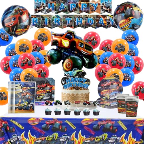 98 Pcs Monster Trucks Party Geschirr, Monster Trucks Geburtstag Deko, Monster Trucks Theme Luftballons, Vollständig Ausgestattetes Partygeschirr Set von Clybeaut