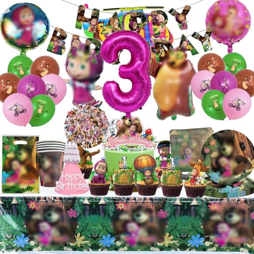 146pcs Mädchen und der Bär Gebutstag Geschirr,3 Jahren Mädchen und der Bär Geburtstag Dekoration Set,Mädchen und der Bär Geburtstag Party Set,Tischdecke,Banner und Servietten von Clybeaut