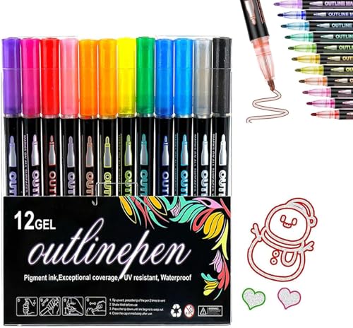 Umrissstifte Metallic, leuchtender Graffiti-Stift zum Ausmalen,schimmernde Markierungsstifte mit Wellenlinien,zweizeiliges Textmarker-Set,selbstkonturierende Metallic-Marker für Grußkarten (12pcs) von Cmeilau