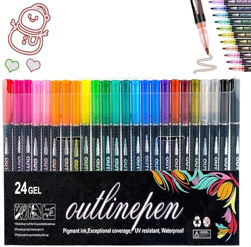 Umrissstifte Metallic, leuchtender Graffiti-Stift zum Ausmalen,schimmernde Markierungsstifte mit Wellenlinien,zweizeiliges Textmarker-Set,selbstkonturierende Metallic-Marker für Grußkarten (24pcs) von Cmeilau