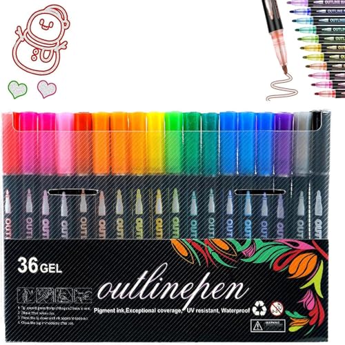 Umrissstifte Metallic, leuchtender Graffiti-Stift zum Ausmalen,schimmernde Markierungsstifte mit Wellenlinien,zweizeiliges Textmarker-Set,selbstkonturierende Metallic-Marker für Grußkarten (36pcs) von Cmeilau