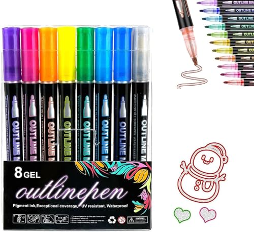 Umrissstifte Metallic, leuchtender Graffiti-Stift zum Ausmalen,schimmernde Markierungsstifte mit Wellenlinien,zweizeiliges Textmarker-Set,selbstkonturierende Metallic-Marker für Grußkarten (8pcs) von Cmeilau