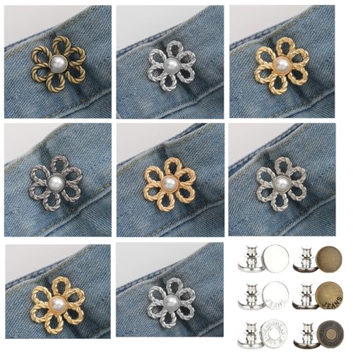 Jeans-Taillenspanner 8 Set mit Knopfnadeln, 6 Sets ohne Nähen, Perlenblume, verstellbare Jeansknöpfe, Jeansknöpfe für lose Jeans, Schnallen, Hosen, Knopfspanner mit Druckknöpfen von Cmidy