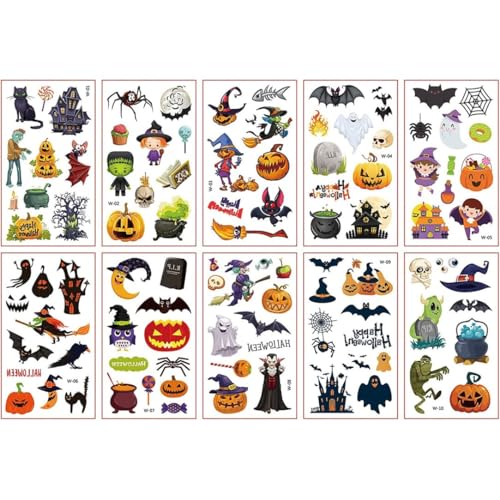 10 Blätter Halloween Temporäre Tätowierungen für Kindertattoos, Mädchen, Kinder Tattoos, Halloween Make -up -Aufkleber für Kinder Party wasserdichte gefälschte 3D -Tattoos Pass an den Paketgeschenken von Cndiyald