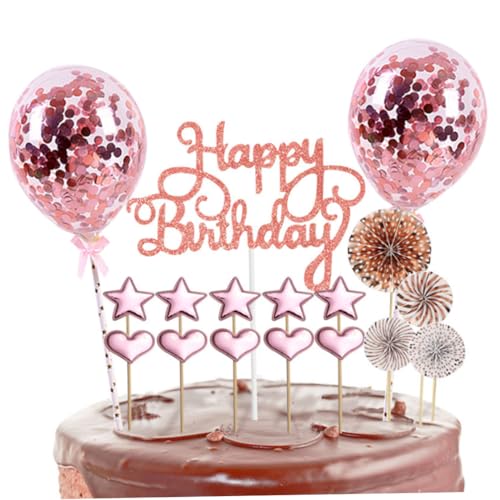 Alles Gute zum Geburtstagstorte -Toper Gold Kuchen Dekorationen Kit mit Star Heart Ballon für Partyzubehör Dekor 17pcs Roségoldene Kuchen und Cupcake Topper von Cndiyald