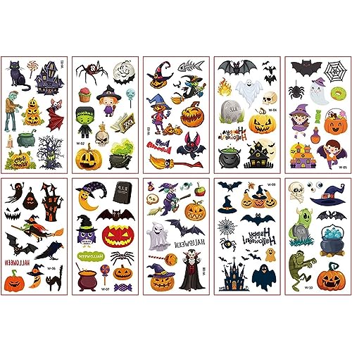 Kinder Tattoos 10 Blätter Halloween Temporäre Tattoos für Kinder Tattoos, Halloween Make -up -Aufkleber für Kinder Party gefälschte 3D -Tattoos Pass an den Paketgeschenken Halloween Geschenkpartytasc von Cndiyald