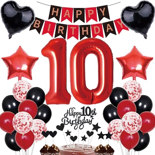 10. Geburtstag Dekorationen Junge Mädchen Deko Geschenk für 10. Geburtstag Tortendeko 10 Geburtstag Mädchen Happy Birthday Banner Rot Schwarz Deko Set 10 jahre Geburtstag deko Zahl 10 Party Ballons von Cnrose