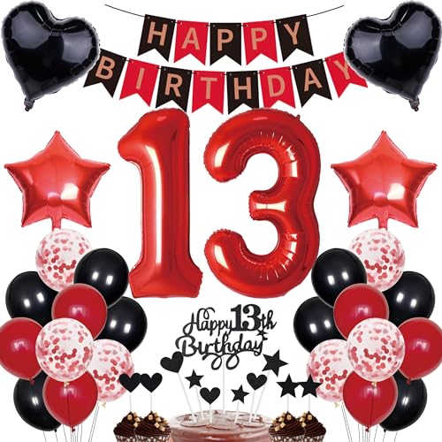 13. Geburtstag Dekorationen Junge Mädchen Deko Geschenk für 13. Geburtstag Tortendeko 13 Geburtstag Mädchen Happy Birthday Banner Rot Schwarz Deko Set 13 jahre Geburtstag deko Zahl 13 Party Ballons von Cnrose