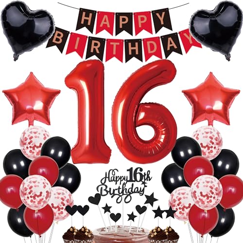 16. Geburtstag Dekorationen Junge Mädchen Deko Geschenk für 16. Geburtstag Tortendeko 16 Geburtstag Mädchen Happy Birthday Banner Rot Schwarz Deko Set 16 jahre Geburtstag deko Zahl 16 Party Ballons von Cnrose