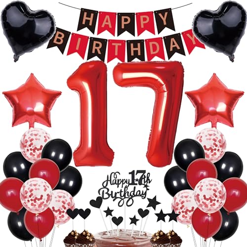 17. Geburtstag Dekorationen Junge Mädchen Deko Geschenk für 17. Geburtstag Tortendeko 17 Geburtstag Mädchen Happy Birthday Banner Rot Schwarz Deko Set 17 jahre Geburtstag deko Zahl 17 Party Ballons von Cnrose