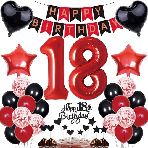 18. Geburtstag Dekorationen Junge Mädchen Deko Geschenk für 18. Geburtstag Tortendeko 18 Geburtstag Mädchen Happy Birthday Banner Rot Schwarz Deko Set 18 jahre Geburtstag deko Zahl 18 Party Ballons von Cnrose