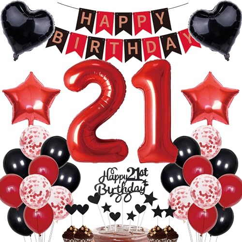 21. Geburtstag Dekorationen Mann Frauen Deko Geschenk für 21. Geburtstag Tortendeko 21 Geburtstag Frauen Happy Birthday Banner Rot Schwarz Deko Set 21 jahre Geburtstag deko Zahl 21 Party Ballons von Cnrose