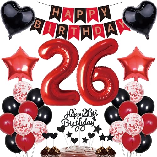 26. Geburtstag Dekorationen Mann Frauen Deko Geschenk für 26. Geburtstag Tortendeko 26 Geburtstag Frauen Happy Birthday Banner Rot Schwarz Deko Set 26 jahre Geburtstag deko Zahl 26 Party Ballons von Cnrose