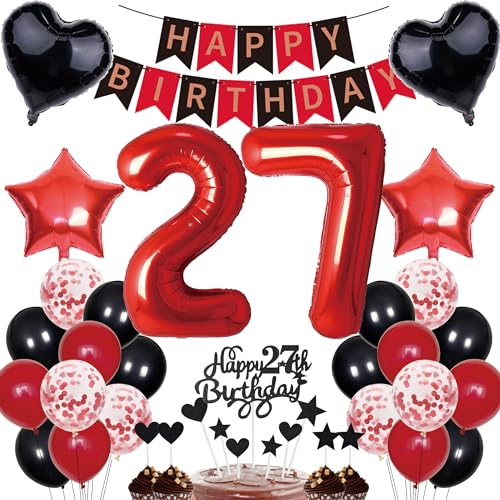 27. Geburtstag Dekorationen Mann Frauen Deko Geschenk für 27. Geburtstag Tortendeko 27 Geburtstag Frauen Happy Birthday Banner Rot Schwarz Deko Set 27 jahre Geburtstag deko Zahl 27 Party Ballons von Cnrose