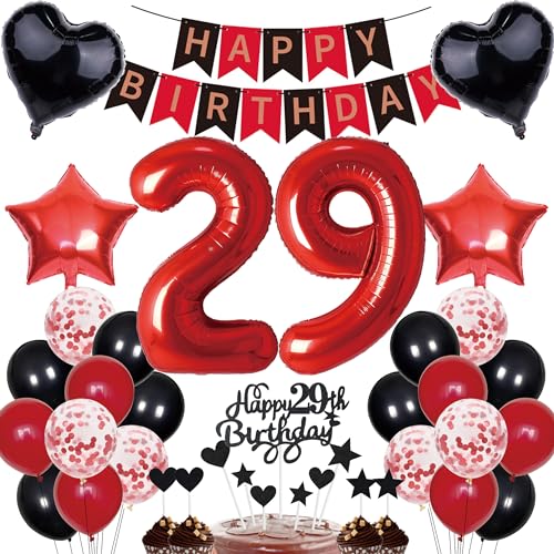 29. Geburtstag Dekorationen Mann Frauen Deko Geschenk für 29. Geburtstag Tortendeko 29 Geburtstag Frauen Happy Birthday Banner Rot Schwarz Deko Set 29 jahre Geburtstag deko Zahl 29 Party Ballons von Cnrose