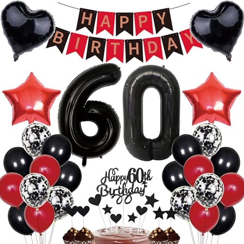 60. Geburtstag Deko Mann Frauen Tortendeko 60 Geburtstag Girlande Schwarz Rot Deko 60 jahre Geburtstag Party Deko 60th Ballons Konfetti luftballon Zahl 60 Luftballons 60.ter Geburtstag Dekoration von Cnrose