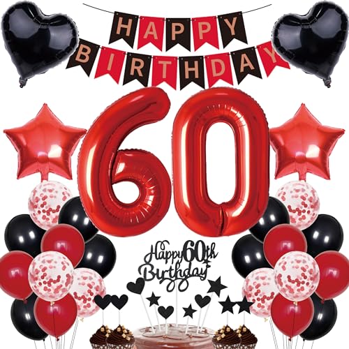 60. Geburtstag Dekorationen Mann Frauen Deko Geschenk für 60. Geburtstag Tortendeko 60 Geburtstag Frauen Happy Birthday Banner Rot Schwarz Deko Set 60 jahre Geburtstag deko Zahl 60 Party Ballons von Cnrose