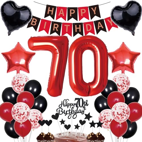 70. Geburtstag Dekorationen Mann Frauen Deko Geschenk für 70. Geburtstag Tortendeko 70 Geburtstag Frauen Happy Birthday Banner Rot Schwarz Deko Set 70 jahre Geburtstag deko Zahl 70 Party Ballons von Cnrose