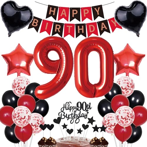 90. Geburtstag Dekorationen Mann Frauen Deko Geschenk für 90. Geburtstag Tortendeko 90 Geburtstag Frauen Happy Birthday Banner Rot Schwarz Deko Set 90 jahre Geburtstag deko Zahl 90 Party Ballons von Cnrose