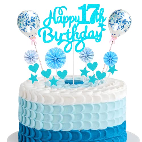 Happy 17th Birthday Tortendeko 17 jahre junge mädchen Kuchendeko 17. Geburtstag junge Blau Tortendeko 17. Geburtstag junge Tortendeko Blau Mit Herz Stern Ballon Glitter Cake Topper für 17 Geburtstag von Cnrose