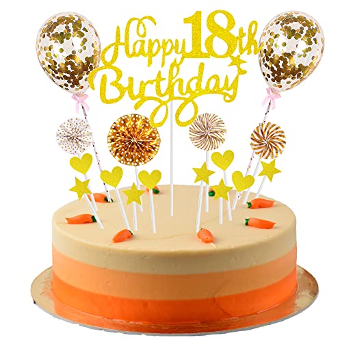 Happy 18th Birthday Tortendeko 18 jahre mädchen junge Kuchendeko 18. Geburtstag mädchen Gold Tortendeko 18. Geburtstag junge Tortendeko Gold Mit Herz Stern Ballon Glitter Cake Topper für 18 Geburtstag von Cnrose