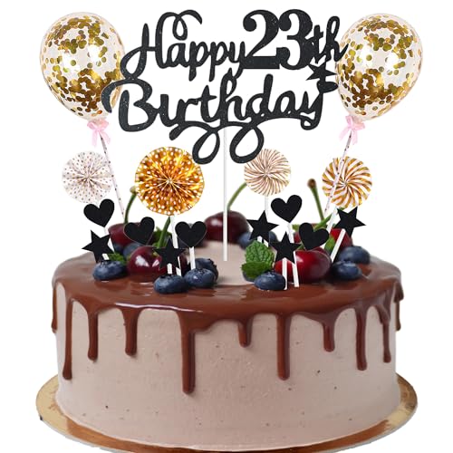 Cnrose Tortendeko Mann Frauen 23. Geburtstag Hello 23 Cake Topper schwarz gold mit Herz Stern Ballon Kuchendeko 23. Geburtstag Happy 23th Birthday Tortendeko 23 jahre Mann 23 Geburtstag Frauen von Cnrose