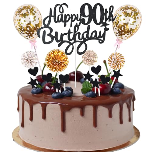 Cnrose Tortendeko Mann Frauen 90. Geburtstag Hello 90 Cake Topper schwarz gold mit Herz Stern Ballon Kuchendeko 90. Geburtstag Happy 90th Birthday Tortendeko 90 jahre Mann 90 Geburtstag Frauen von Cnrose