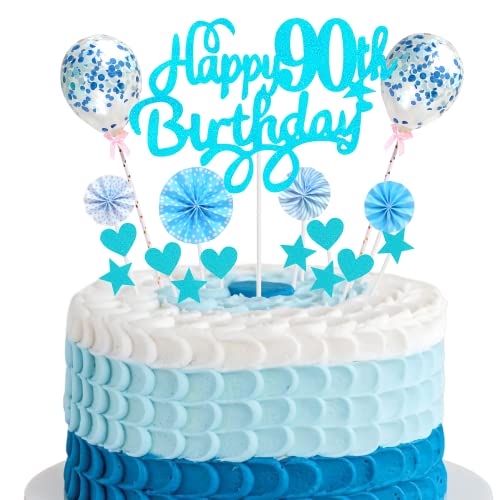 Cnrose Tortendeko Mann 90. Geburtstag Hello 90 Cake Topper Blau mit Herz Stern Ballon Kuchendeko 90. Geburtstag junge Happy 90th Birthday Tortendeko 90 jahre Mann Frauen 90 Geburtstag Mann Frau von Cnrose