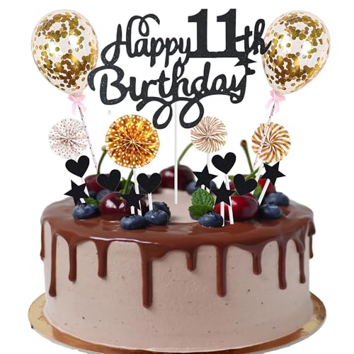 Cnrose Tortendeko junge mädchen 11. Geburtstag Hello 11 Cake Topper schwarz gold mit Herz Stern Ballon Kuchendeko 11. Geburtstag Happy 11th Birthday Tortendeko 11 jahre junge 11 Geburtstag Mädchen von Cnrose