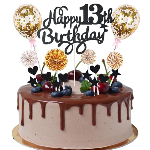 Cnrose Tortendeko junge mädchen 13. Geburtstag Hello 13 Cake Topper schwarz gold mit Herz Stern Ballon Kuchendeko 13. Geburtstag Happy 13th Birthday Tortendeko 13 jahre junge 13 Geburtstag Mädchen von Cnrose