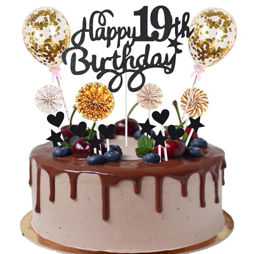 Cnrose Tortendeko junge mädchen 19. Geburtstag Hello 19 Cake Topper schwarz gold mit Herz Stern Ballon Kuchendeko 19. Geburtstag Happy 19th Birthday Tortendeko 19 jahre junge 19 Geburtstag Mädchen von Cnrose