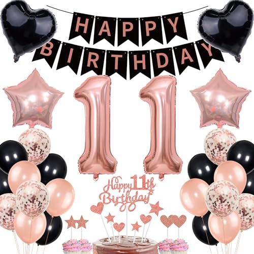 Deko 11. Geburtstag Mädchen Rosegold Schwarz Deko Set Tortendeko 11 Geburtstag Mädchen Junge mit Banner Deko Geschenk 11th Ballons 11 Jahr Geburtstagdeko Zahl 11 Luftballons für 11.ter Geburtstag von Cnrose