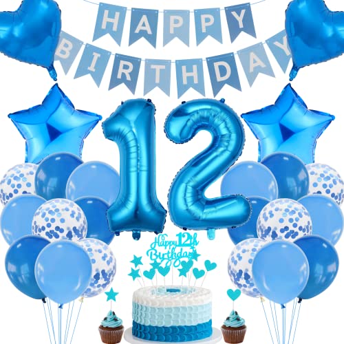 Cnrose 12. Geburtstag Dekoration,Blau Tortendeko Geburtstag 12 Jahre Junge,Party Deko Blau,12 Geburtstag Mädchen Junge,Tortendeko 12. Geburtstag Junge Mädchen,Geburtstagsdeko 12 Jahre Mädchen von Cnrose