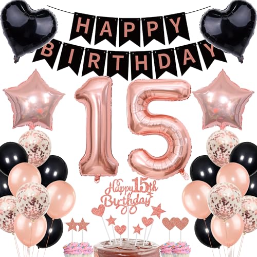 Deko 15. Geburtstag Mädchen Rosegold Schwarz Deko Set Tortendeko 15 Geburtstag Mädchen Junge mit Banner Deko Geschenk 15th Ballons 15 Jahr Geburtstagdeko Zahl 15 Luftballons für 15.ter Geburtstag von Cnrose