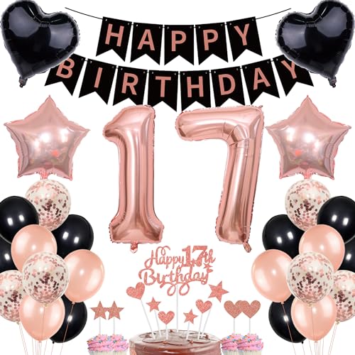 Deko 17. Geburtstag Mädchen Rosegold Schwarz Deko Set Tortendeko 17 Geburtstag Mädchen Junge mit Banner Deko Geschenk 17th Ballons 17 Jahr Geburtstagdeko Zahl 17 Luftballons für 17.ter Geburtstag von Cnrose