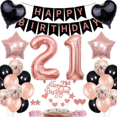 Deko 21. Geburtstag Frauen Rosegold Schwarz Deko Set Tortendeko 21 Geburtstag Frauen Mann mit Banner Deko Geschenk 21th Ballons 21 Jahr Geburtstagdeko Zahl 21 Luftballons für 21.ter Geburtstag von Cnrose