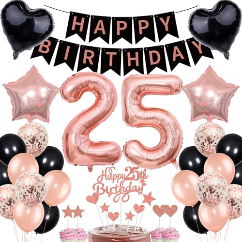 Deko 25. Geburtstag Frauen Rosegold Schwarz Deko Set Tortendeko 25 Geburtstag Frauen Mann mit Banner Deko Geschenk 25th Ballons 25 Jahr Geburtstagdeko Zahl 25 Luftballons für 25.ter Geburtstag von Cnrose