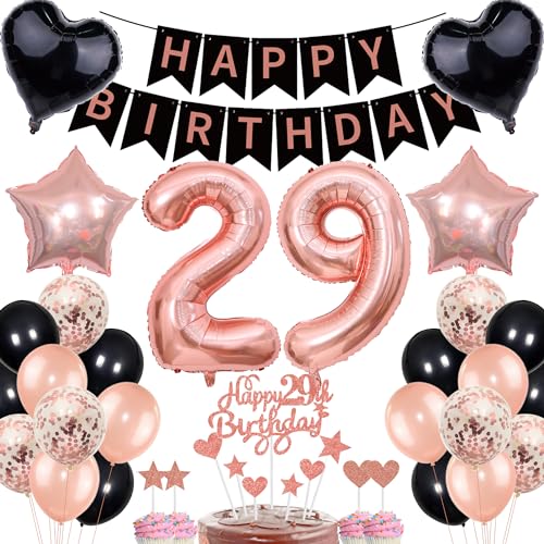 Deko 29. Geburtstag Frauen Rosegold Schwarz Deko Set Tortendeko 29 Geburtstag Frauen Mann mit Banner Deko Geschenk 29th Ballons 29 Jahr Geburtstagdeko Zahl 29 Luftballons für 29.ter Geburtstag von Cnrose