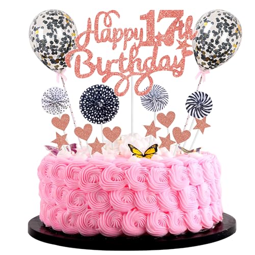 Happy 17th Birthday Tortendeko 17 jahre Mädchen Kuchendeko 17. Geburtstag Mädchen Rosa Schwarz Tortendeko 17. Geburtstag Mädchen Tortendeko Rosegold Schwarz Mit Herz Stern Ballon Glitter Cake Topper von Cnrose