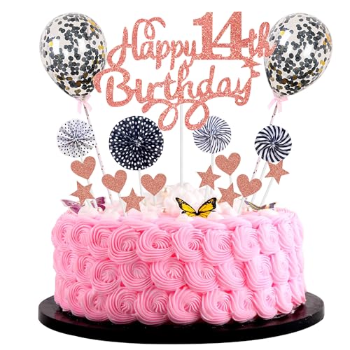 Tortendeko Mädchen 14. Geburtstag Hello 14 Cake Topper Rosegold Schwarz mit Herz Stern Ballon Kuchendeko 14. Geburtstag Mädchen Happy 14th Birthday Tortendeko 14 jahre Mädchen 14 Geburtstag Mädchen von Cnrose