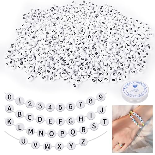 CoKeeSun 1200 Stück Buchstabenperlen und Zahlenperlen, 7mm 0-9 Zahlen Perlen & A-Z Buchstaben Perlen Set, Acryl Rund Perlen für Armbänder mit 1 Rolle Gummifaden, Schmuck Halsketten DIY Crafts von CoKeeSun