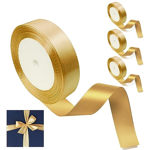 CoKeeSun 4 Rollen Geschenkband Rot 25mm x 92m Satinband Schleifenband Dekoband Stoffband für Geschenkverpackung, Bastelarbeiten, Geburtstag und Hochzeitsdekoration (Gold) von CoKeeSun