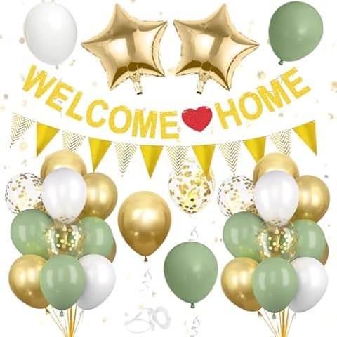 CoKeeSun Willkommen Zuhause Deko, Welcome Home Baby, Herzlich Willkommen Girlande Ballon Schild Set, Willkommen Zurück Banner Grün Gold Luftballons für Einweihung Party,Zuhause, Geburt,Fest von CoKeeSun