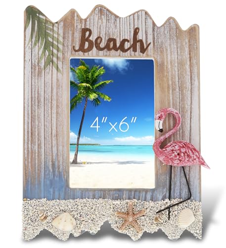 CoTa Global Flamingo Beach Bilderrahmen aus Holz, 10 x 15 cm, Weiß, Muschelmotiv, handgefertigt, tropischer Sand, nautischer Bilderrahmen für Tisch oder Wandbehang, 25,4 cm von CoTa Global