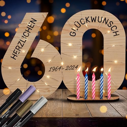 CozyHome Holz Geburtstagskarte 60 Geburtstag Deko - Inkl. Lichterkette + 6 Kerzen & 4 Stifte I Deko 60 Geburtstag Frau Geschenk 60 Geburtstag Frau Geschenke 60 Geburtstag Mann Deko Geburtstag 60 von Cobus