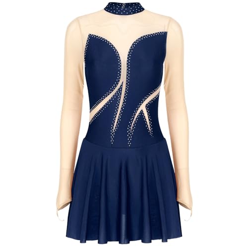 CochOn Tanzkostüme Damen Eiskunstlaufkleid mit langen Ärmeln, Strass-Netzstoff, Gymnastikanzug, Ballsaal, Wettkampf, Tanzbekleidung(A-Navy Blue,L) von CochOn