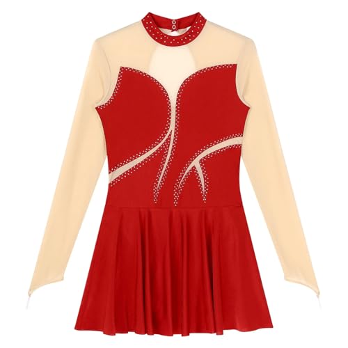 CochOn Tanzkostüme Damen Eiskunstlaufkleid mit langen Ärmeln, Strass-Netzstoff, Gymnastikanzug, Ballsaal, Wettkampf, Tanzbekleidung(A-Red,L) von CochOn